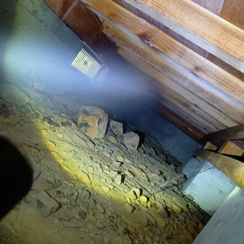 床下木材にシロアリ駆除剤を吹き付ける様子