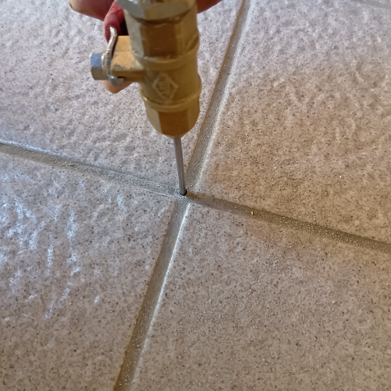 玄関床の目地からシロアリ駆除剤を注入