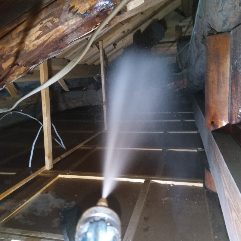 屋根裏の木材にシロアリ駆除剤を散布