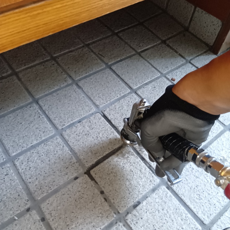 玄関床の目地からシロアリ駆除剤を注入