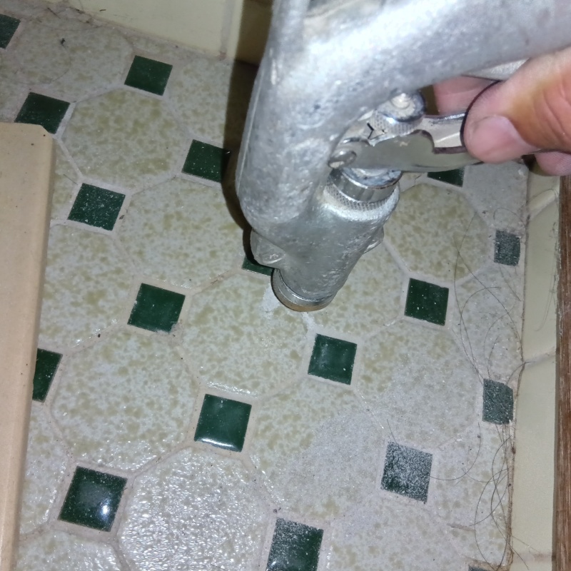 玄関床の目地からシロアリ駆除剤を注入