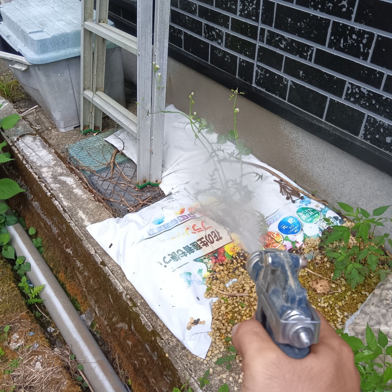 建物外周の土壌にシロアリ駆除剤を吹き付けている様子