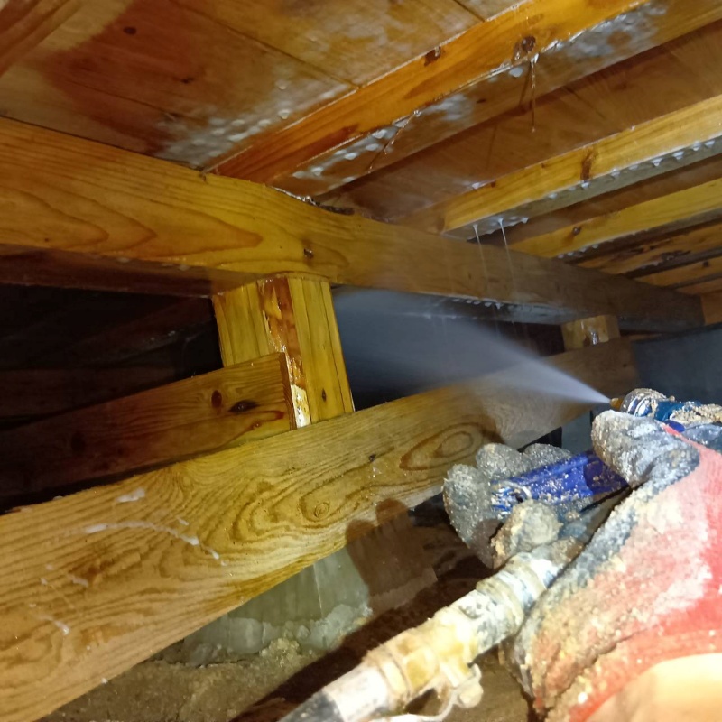 床下の木材にシロアリ駆除剤を散布する様子