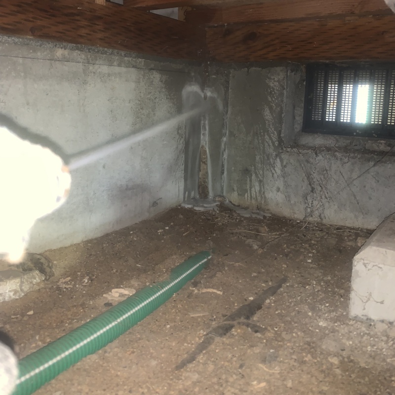 床下の基礎部分にシロアリ駆除剤を散布する様子