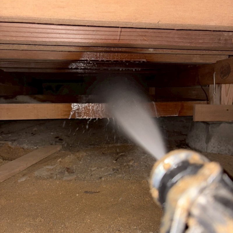 床下の木材にシロアリ駆除剤を散布する様子