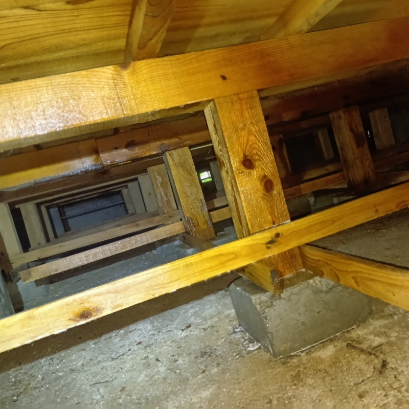床下の木材にシロアリ駆除剤を散布した様子