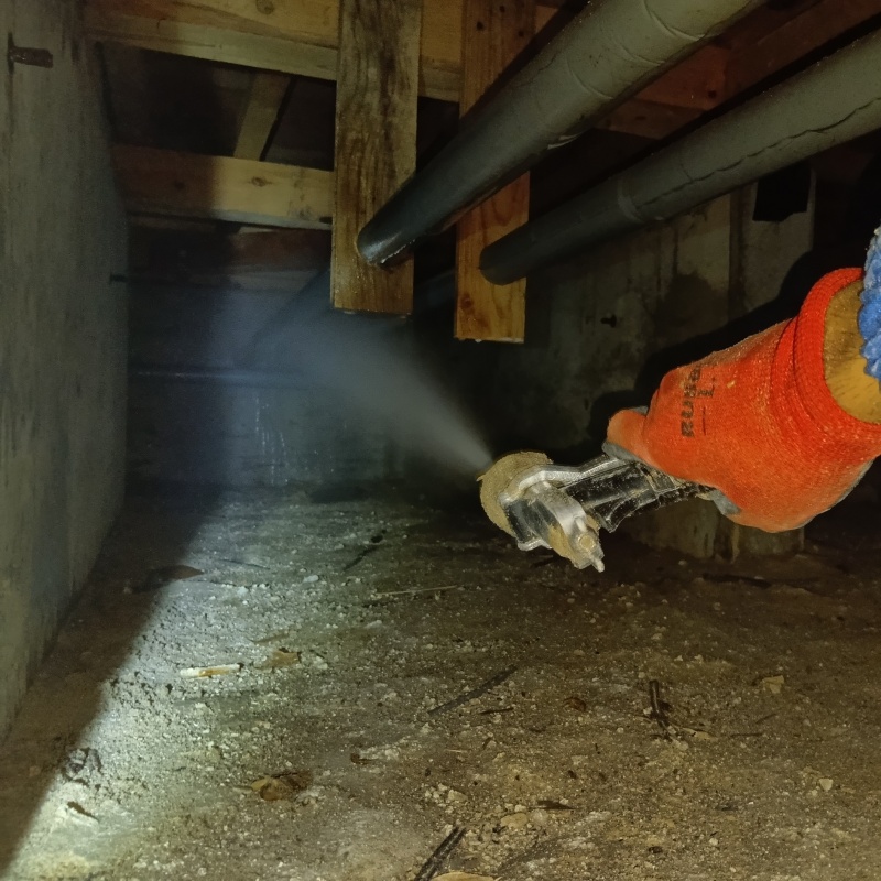 床下の基礎部分にシロアリ駆除剤を散布する様子