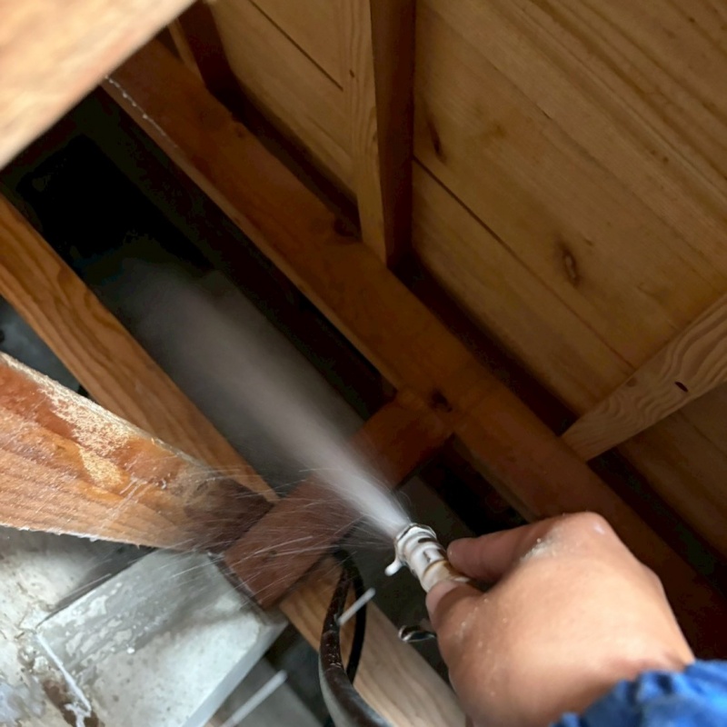 床下の木材に防蟻剤を散布する様子