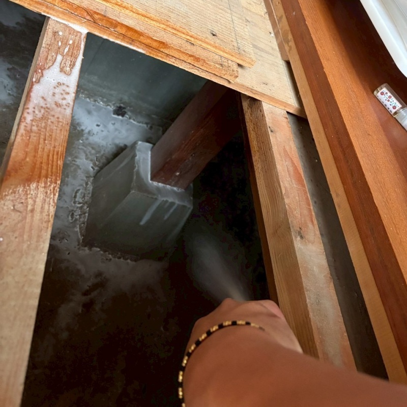 床下の土壌に防蟻剤を散布する様子