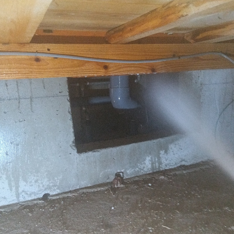 床下の基礎部分に防蟻剤を散布する様子