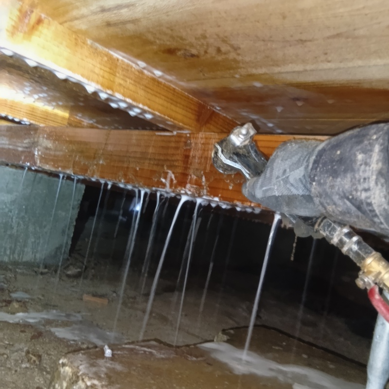 床下の木材にシロアリ駆除剤を散布する様子