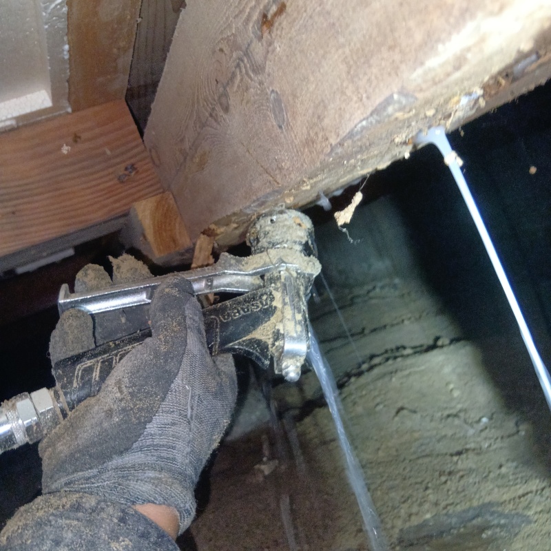 被害を受けた床下の木材にシロアリ駆除剤を注入する様子