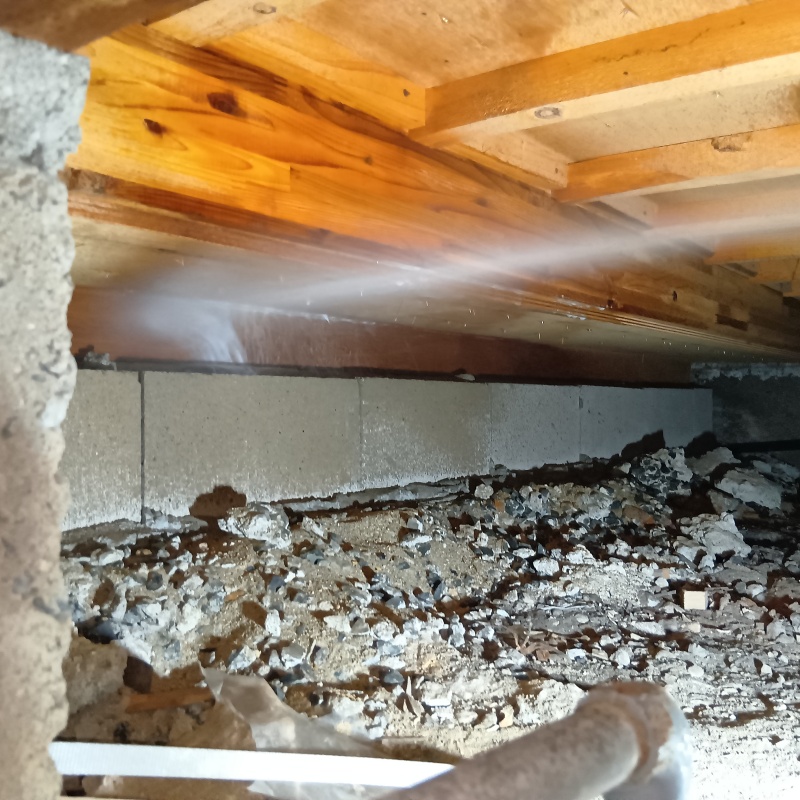 食害を受けた床下の木材にシロアリ駆除剤を散布する様子