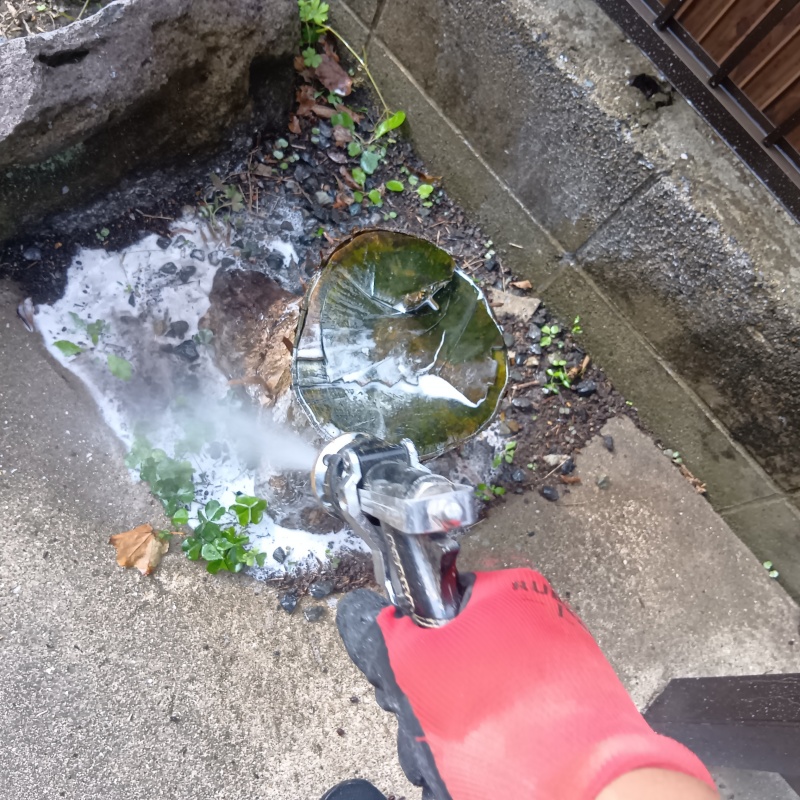 庭の切り株にシロアリ駆除剤を吹き付ける様子