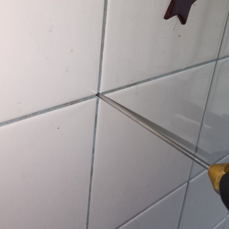 浴室の壁にシロアリ駆除剤を注入する様子