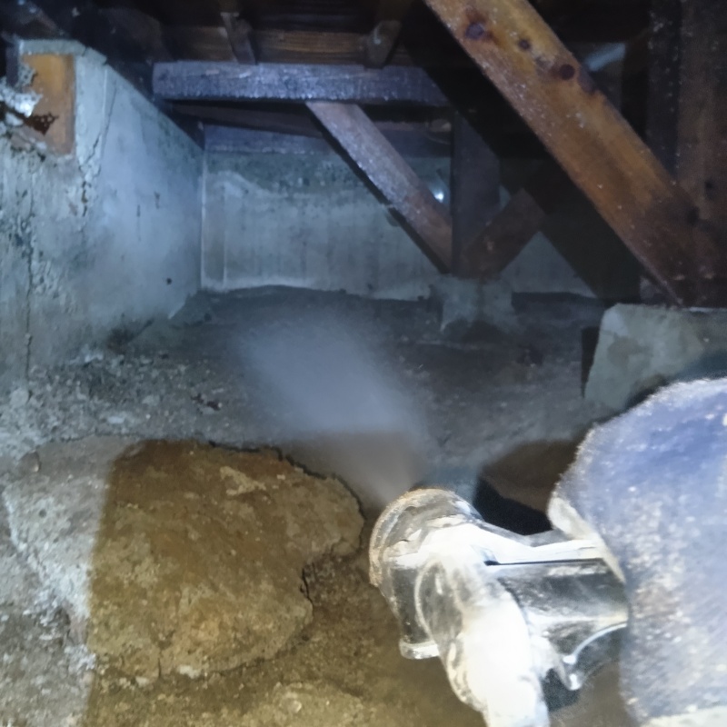 床下の土壌にシロアリ駆除剤を散布する様子