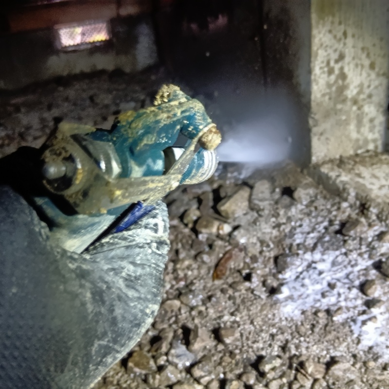 床下の基礎部分にシロアリ駆除剤を散布する様子