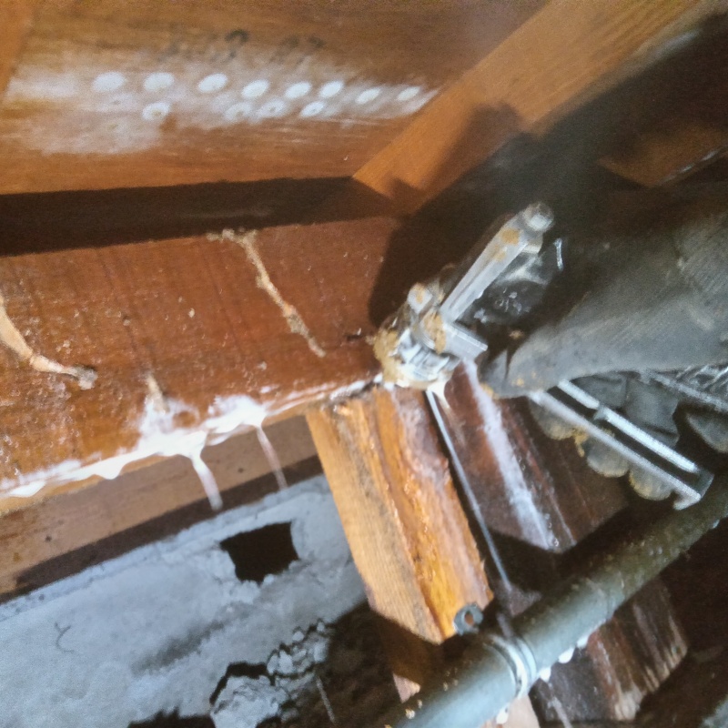 床下の食害を受けた木材にシロアリ駆除剤を注入する様子