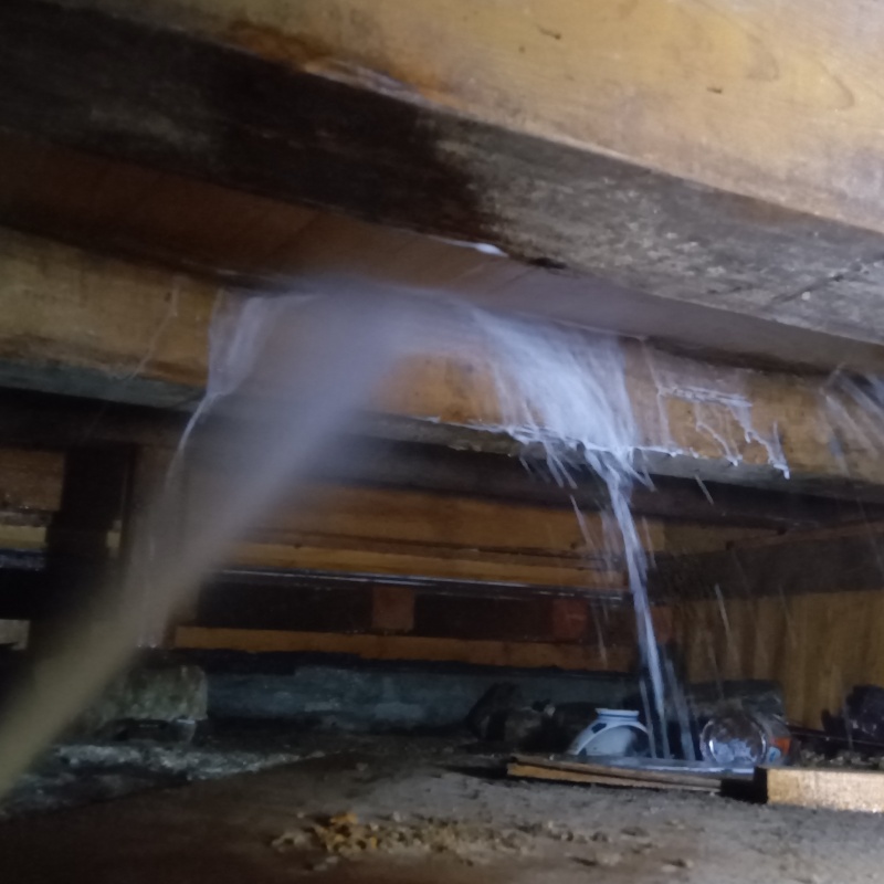 床下の木材にシロアリ駆除剤を散布する様子