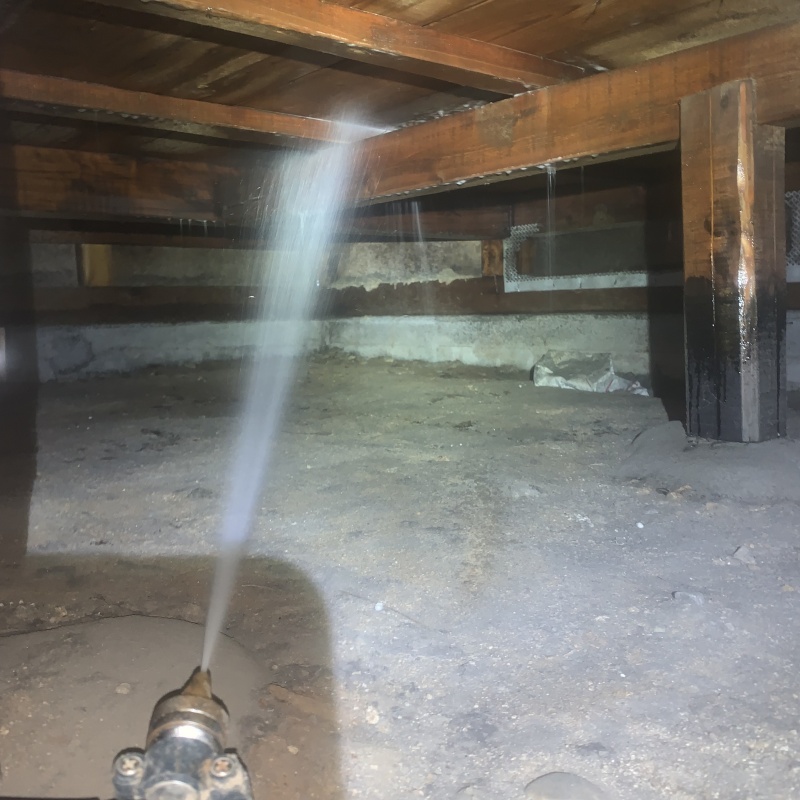 床下の木材にシロアリ駆除剤を散布する様子