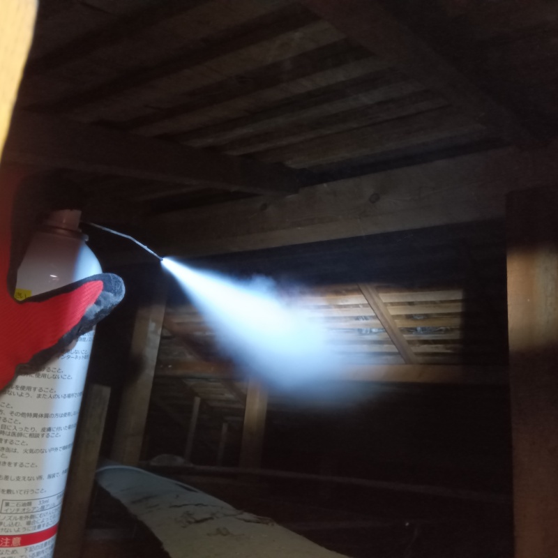 床下の木材にシロアリ駆除剤を散布する様子