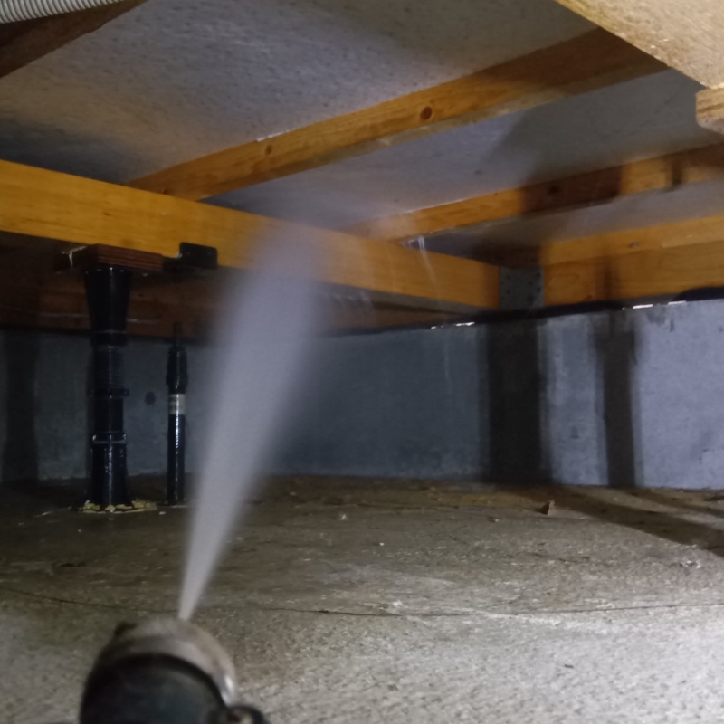 床下の木材に防蟻剤を散布する様子