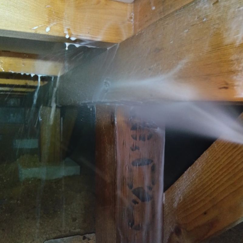 床下の木材にシロアリ駆除剤を散布する様子