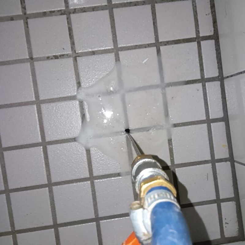 玄関の床にシロアリ駆除剤を注入する様子