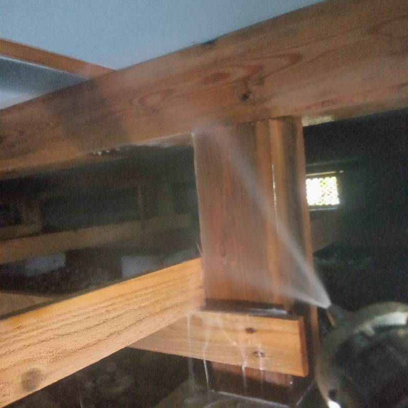 床下の木材にシロアリ駆除剤を散布する様子