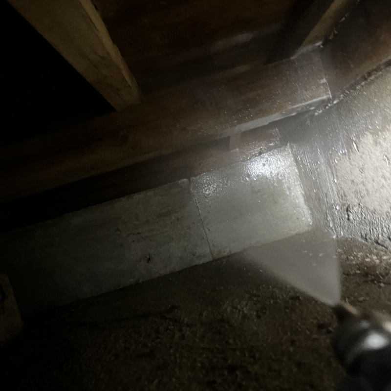 床下の基礎部分にシロアリ駆除剤を散布する様子