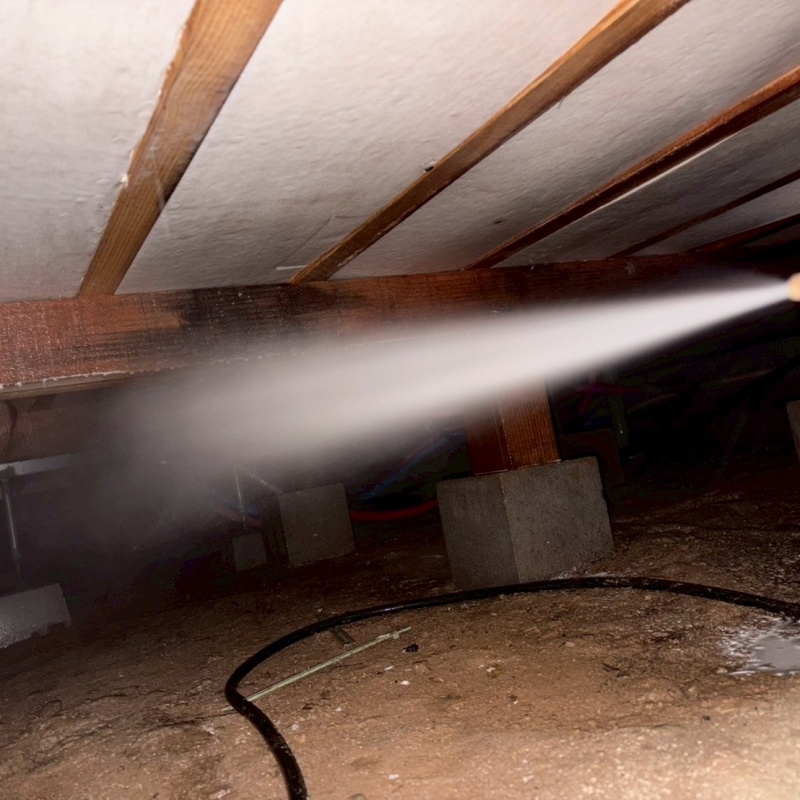 床下の木材にシロアリ駆除剤を散布する様子