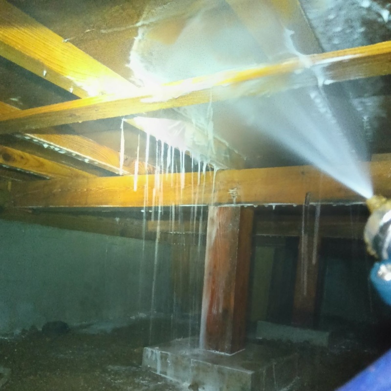 床下の木材にシロアリ駆除剤を散布する様子