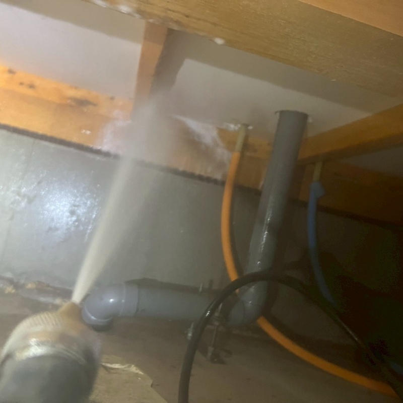 床下の木材に防蟻剤を散布する様子