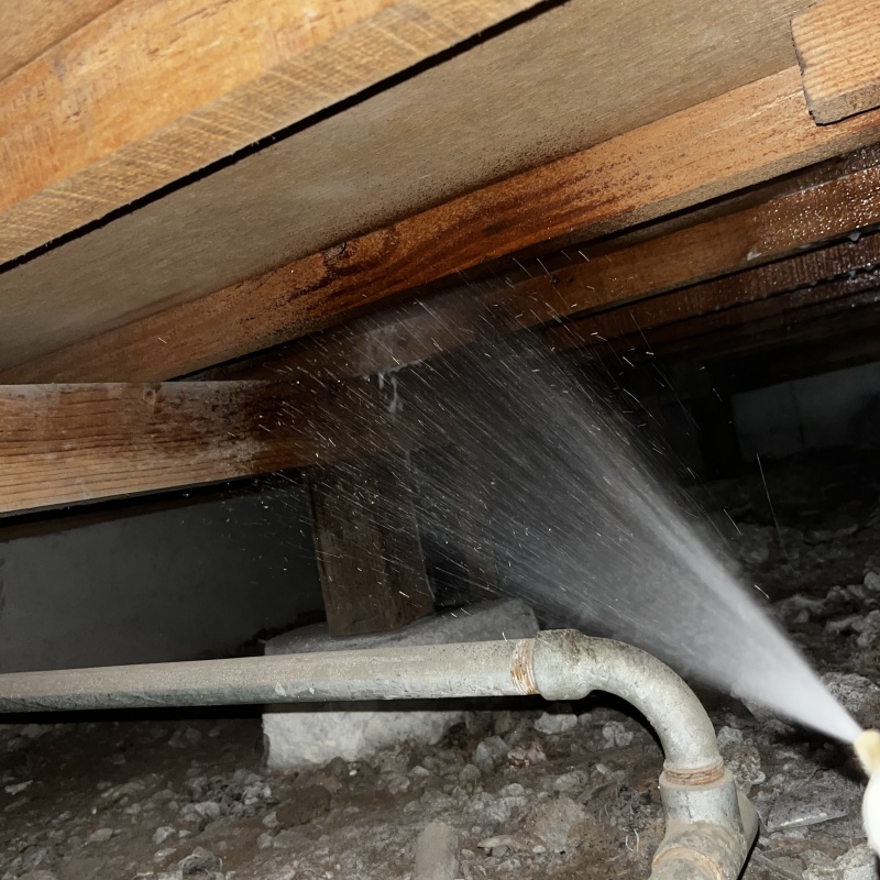 床下の木材にシロアリ駆除剤を散布する様子