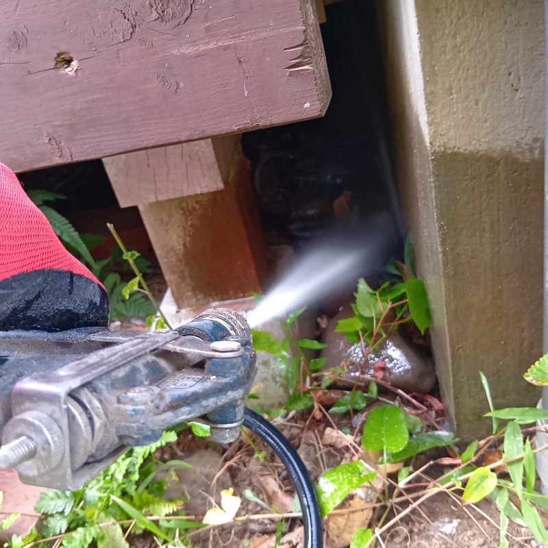 外壁まわりの土壌にシロアリ駆除剤を散布する様子