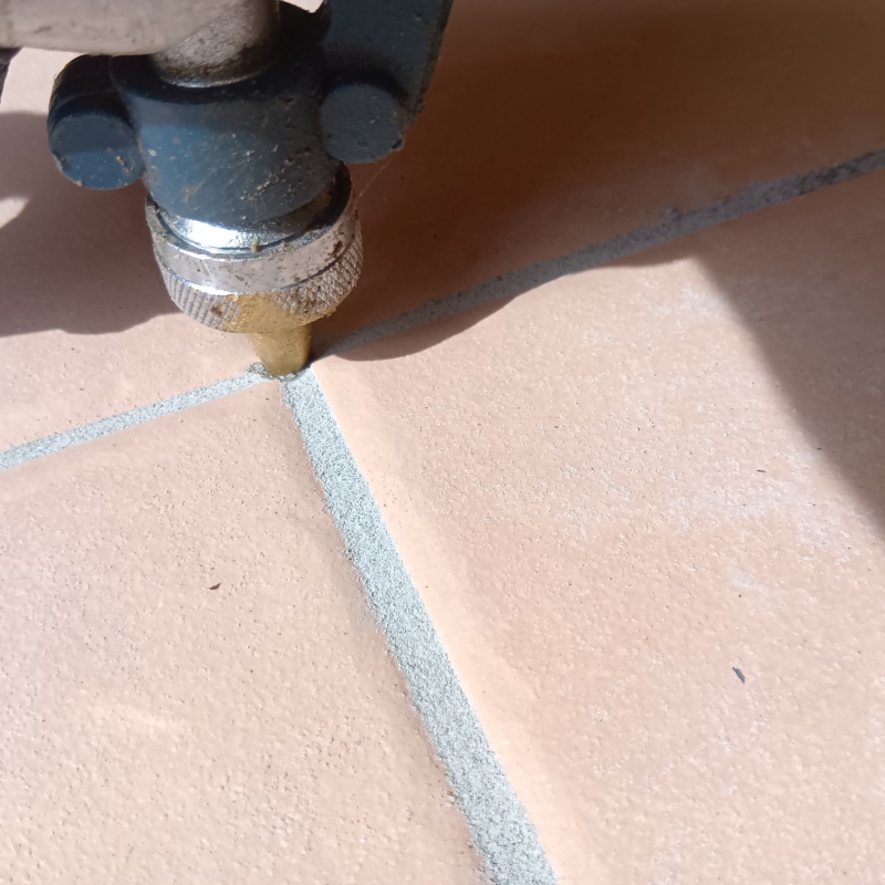 玄関の床にシロアリ駆除剤を注入する様子