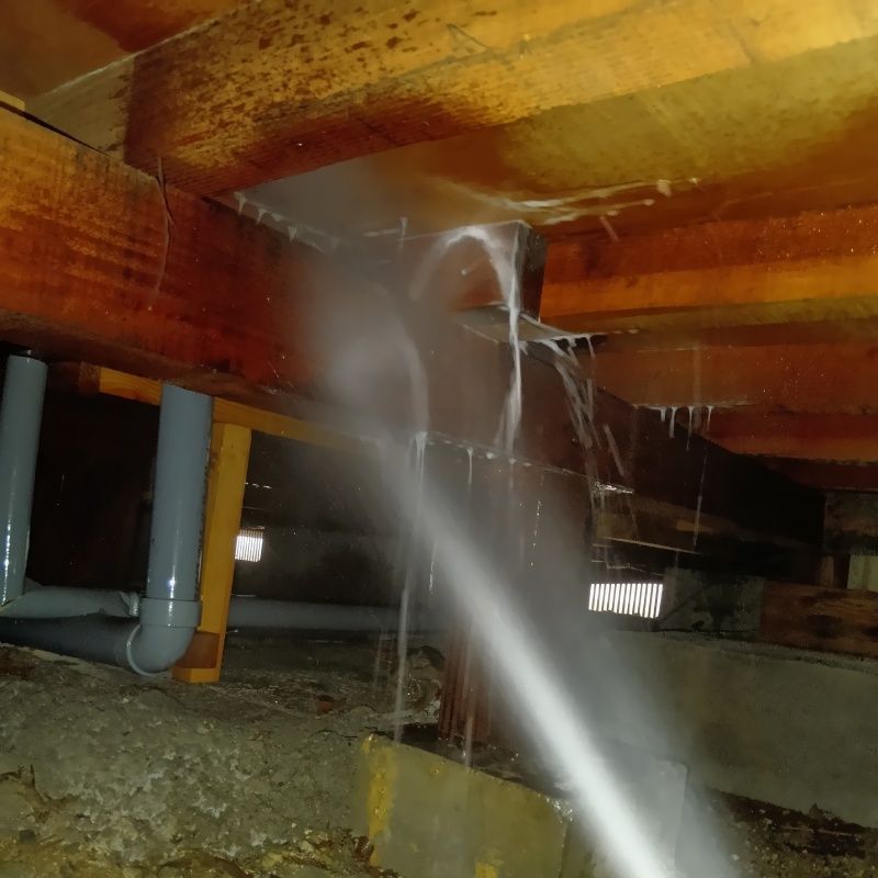 床下の木材にシロアリ駆除剤を散布する様子