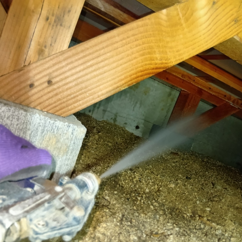 床下の木材にシロアリ駆除剤を散布