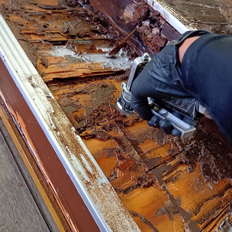 腐食した床板にシロアリ駆除剤を注入