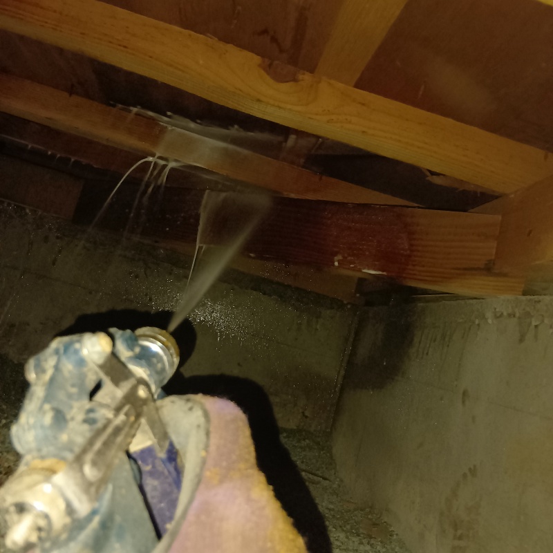 床下木材にシロアリ駆除剤を吹き付ける様子