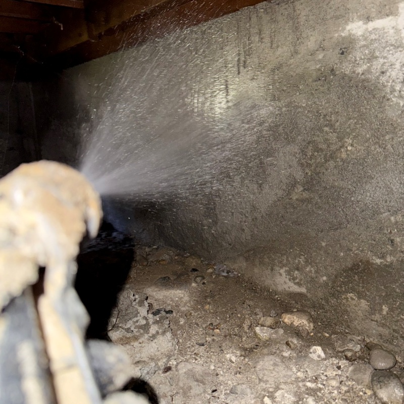 基礎にシロアリ駆除剤を吹き付ける様子