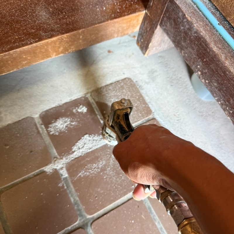 玄関床の目地からシロアリ駆除剤を注入