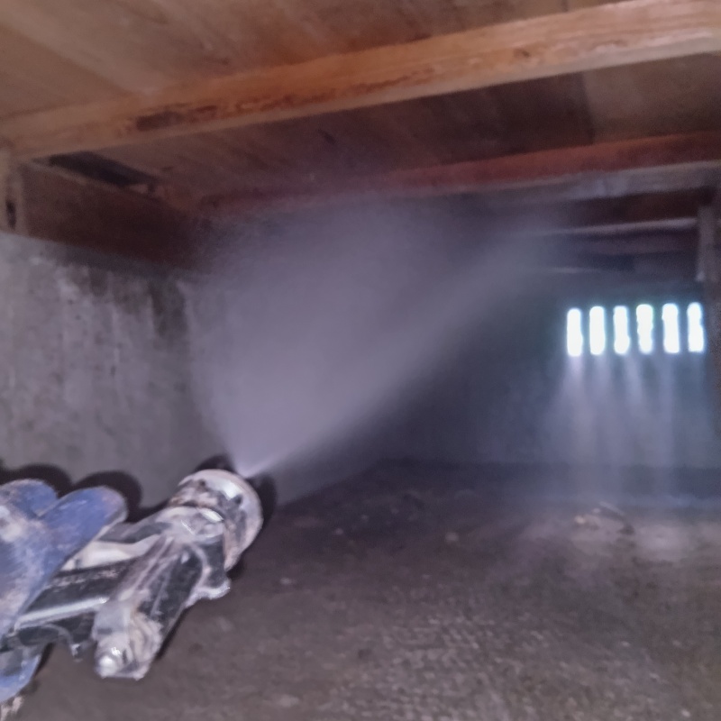 床下木材にシロアリ駆除剤を吹き付ける様子
