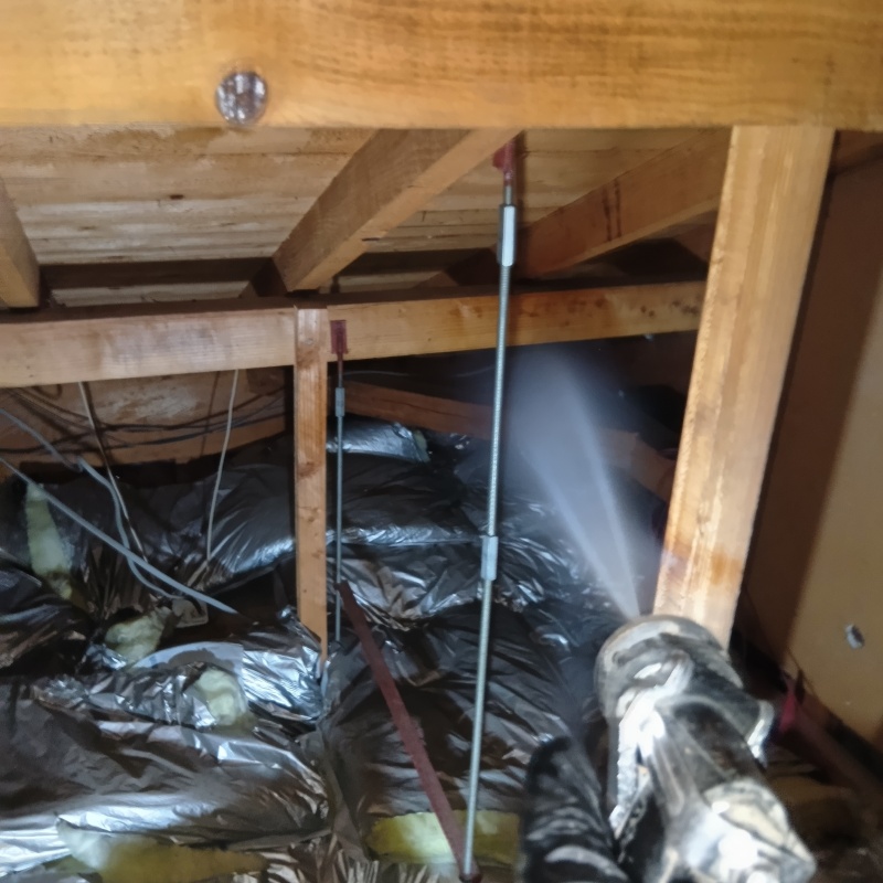 屋根裏の木材にシロアリ駆除剤を散布