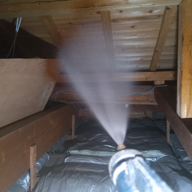 屋根裏の木材にシロアリ駆除剤を散布