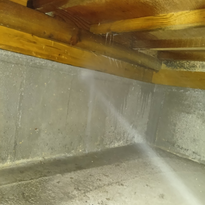 基礎にシロアリ駆除剤を吹き付ける様子