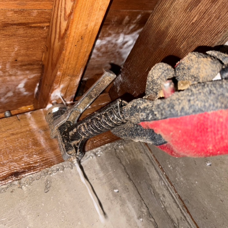 床下木材に穴を開けてシロアリ駆除剤を注入