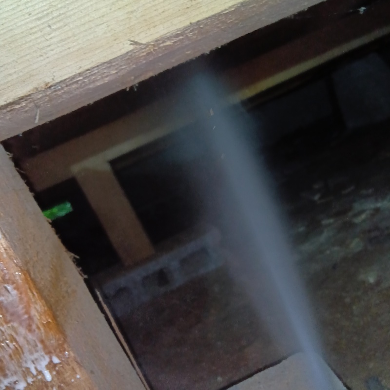 床下木材にシロアリ駆除剤を吹き付けている様子