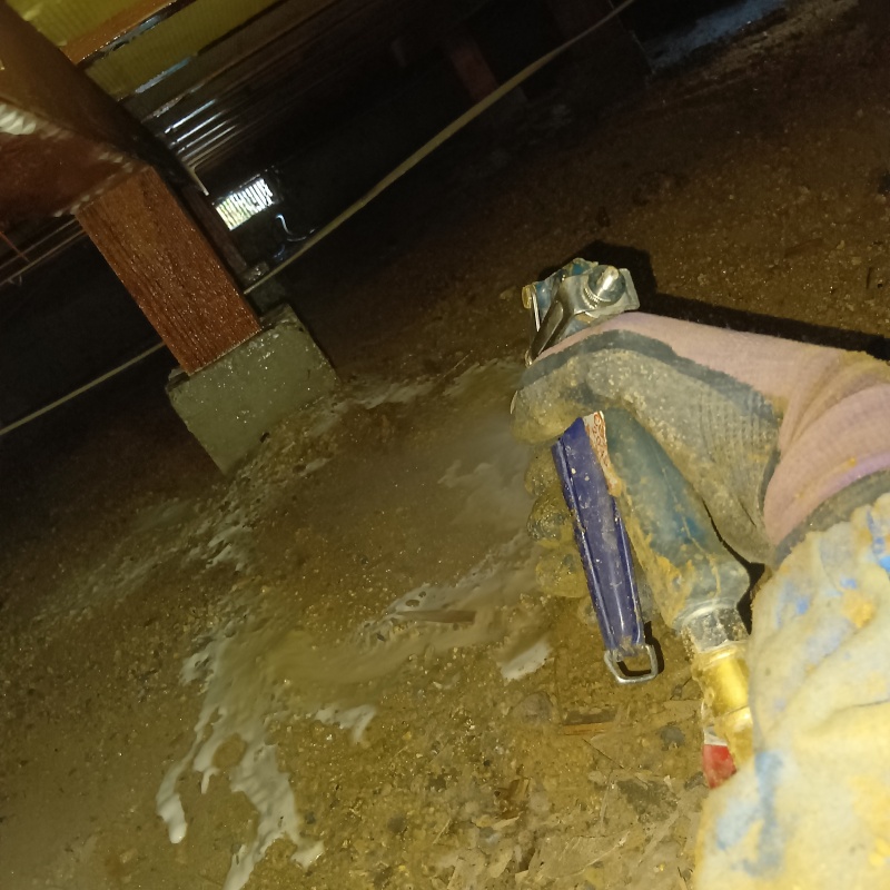 地面にシロアリ駆除剤を吹き付ける様子