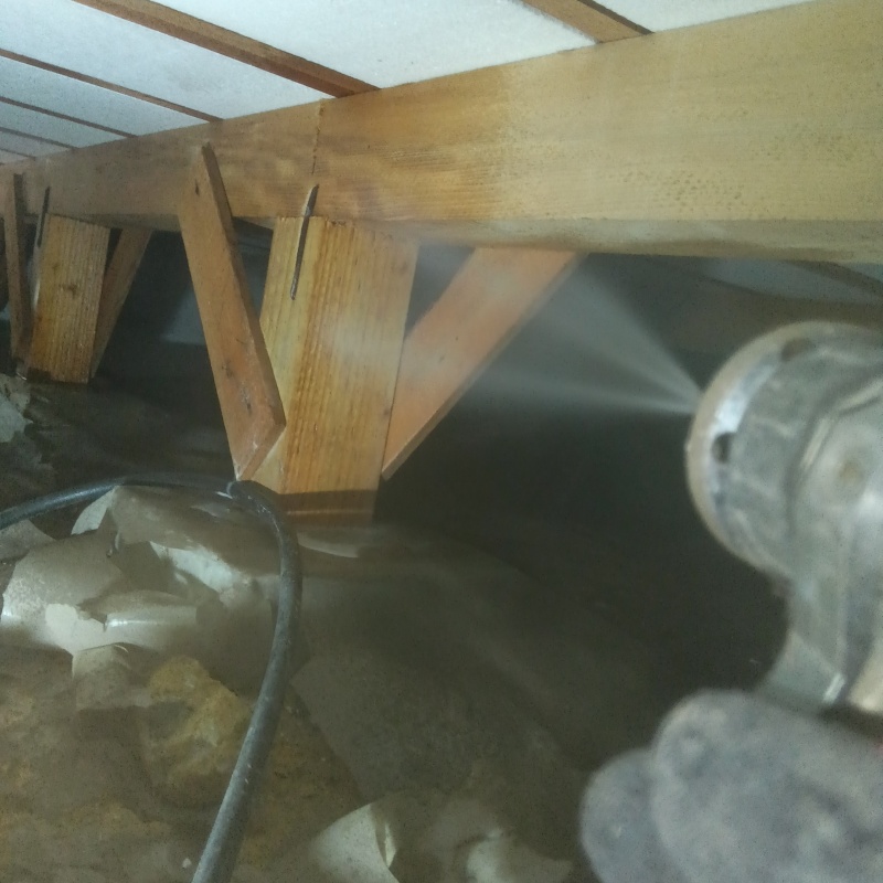 床下木材にシロアリ駆除剤を吹き付けている様子